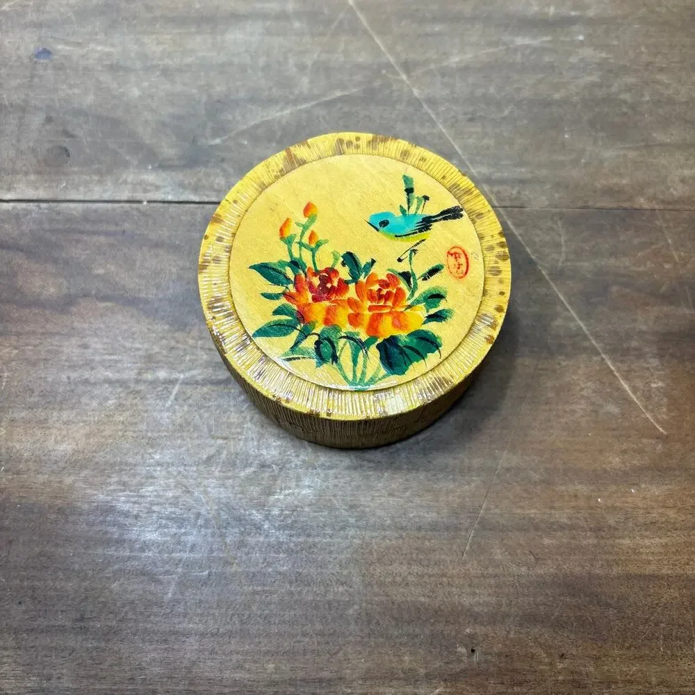 Vintage Bamboo Floral Bird Trinket Box